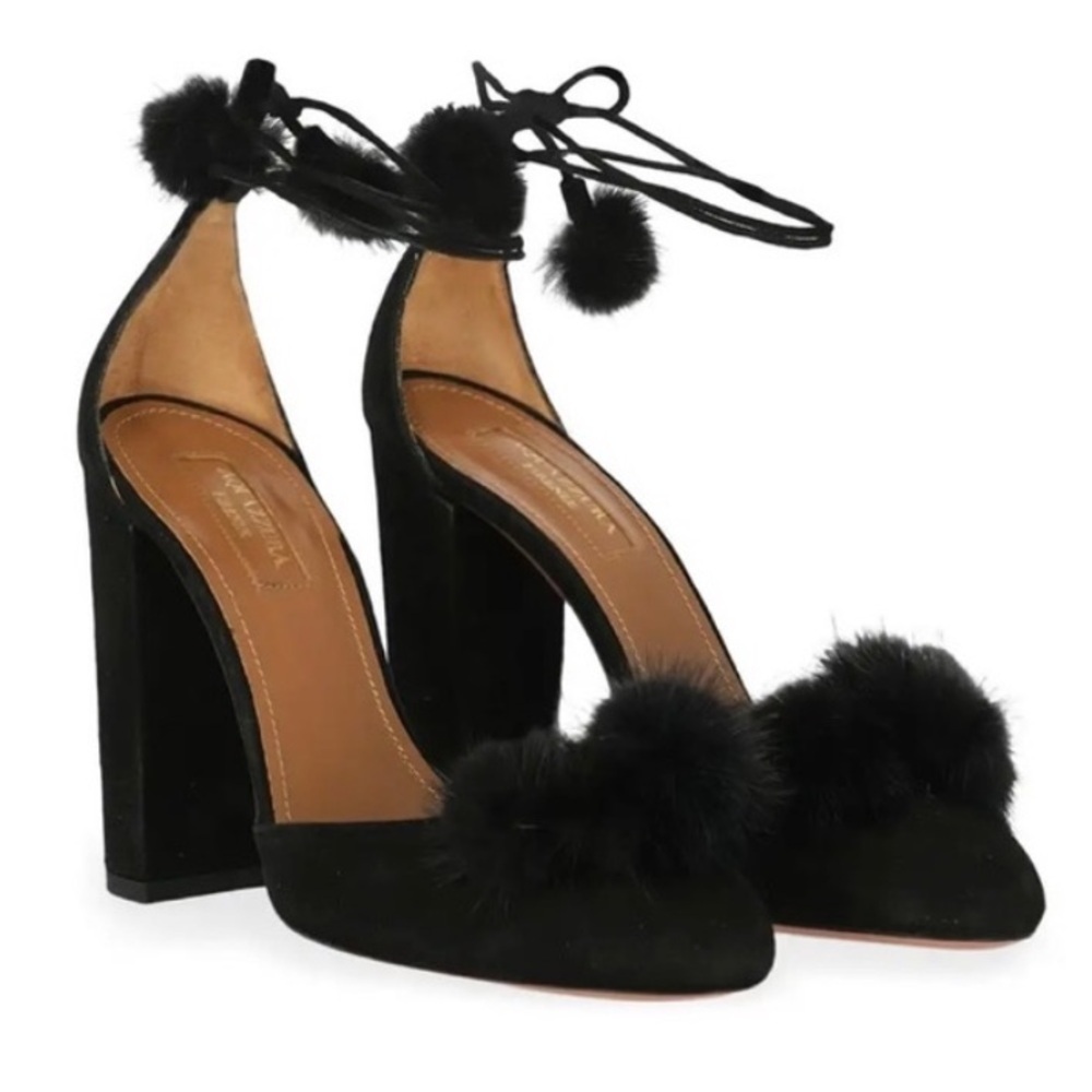 Aquazzura | Black Suede Wild Russian D'Orsay Pom Pom Ankle Wrap Pumps Size 37